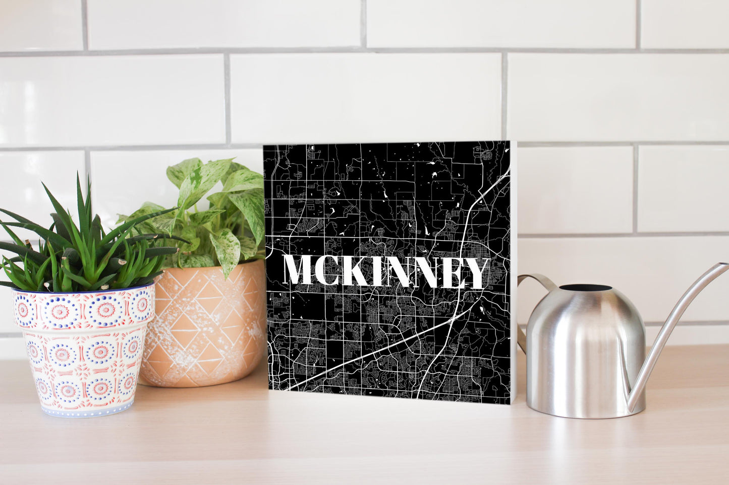 Minimalistic B&W Texas Mckinney Map | Wood Block | Eaches | Min 2