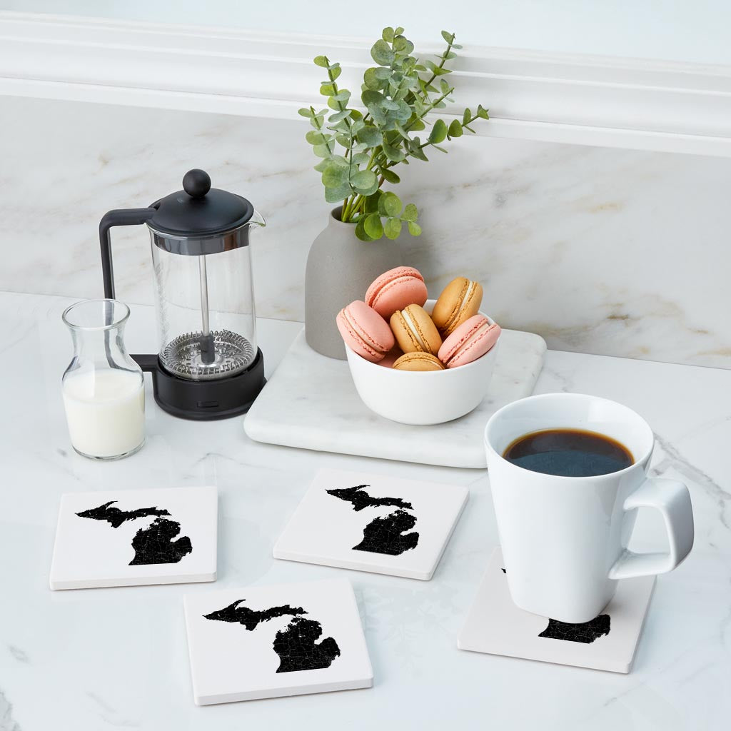 Minimalistic B&W Michigan Map Petoskey Star | Absorbent Coasters | Set of 4 | Min 2