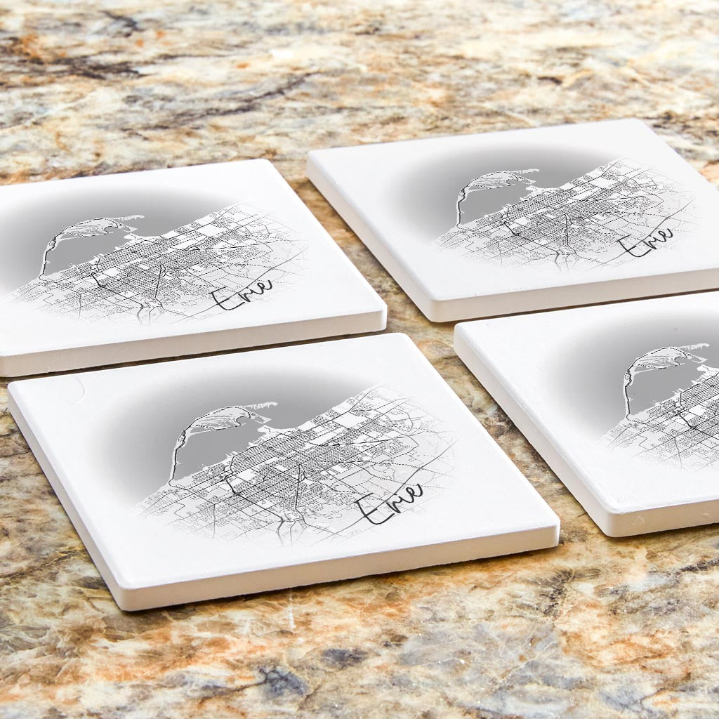 Minimalistic B&W Pennsylvania Erie Circle Map | Absorbent Coasters | Set of 4 | Min 2