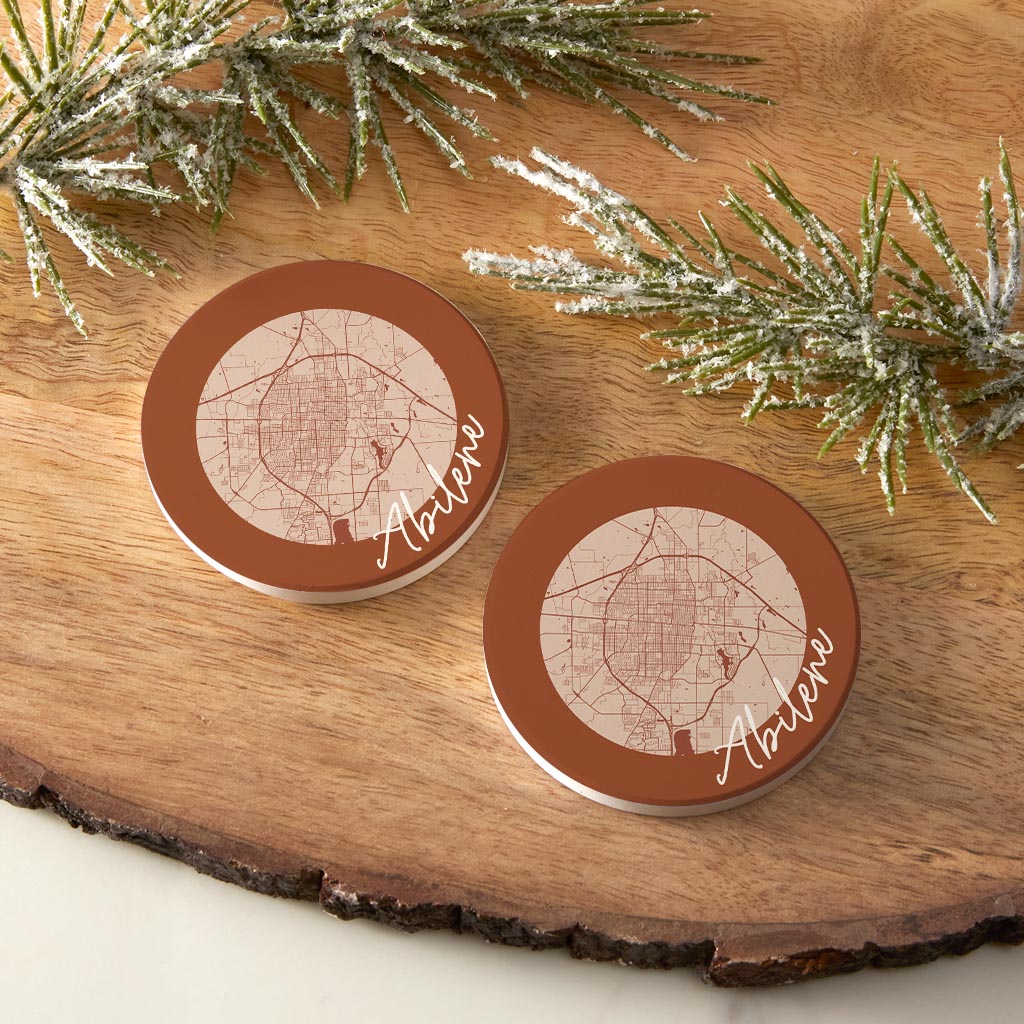 Modern Minimalist Texas Abilene Circle Map | Absorbent Car Coasters | Set of 2 | Min 4