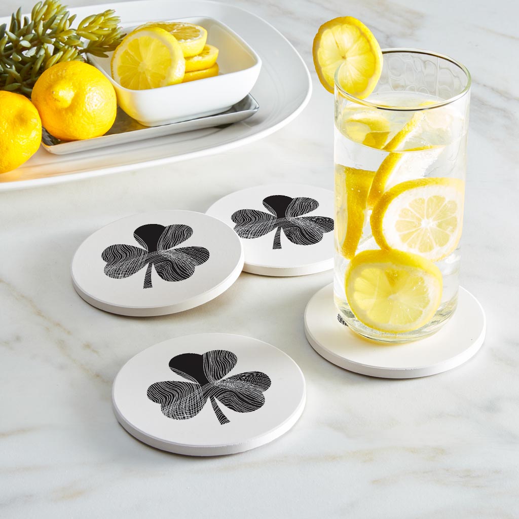 Minimalistic B&W Shamrock Shape Fluid Lines | Absorbent Coasters | Set of 4 | Min 2