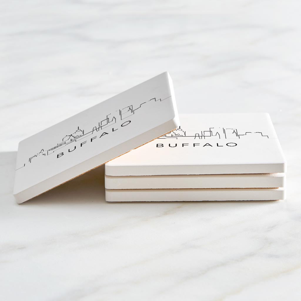 Minimalistic B&W New York Buffalo Skyline | Absorbent Coasters | Set of 4 | Min 2