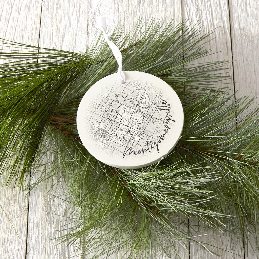 Minimalistic B&W Pennsylvania Montgomeryville Circle Map| Wood Ornament | Eaches | Min 6