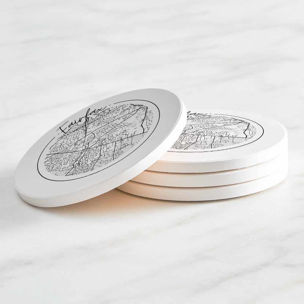 Minimalistic B&W Virginia Fairfax Circle Map | Absorbent Coasters | Set of 4 | Min 2