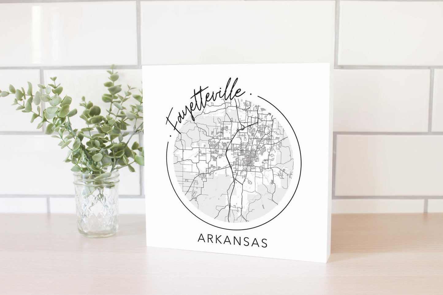 Minimalist B&W Arkansas Fayetteville Circle Map | Wood Block | Eaches | Min 2
