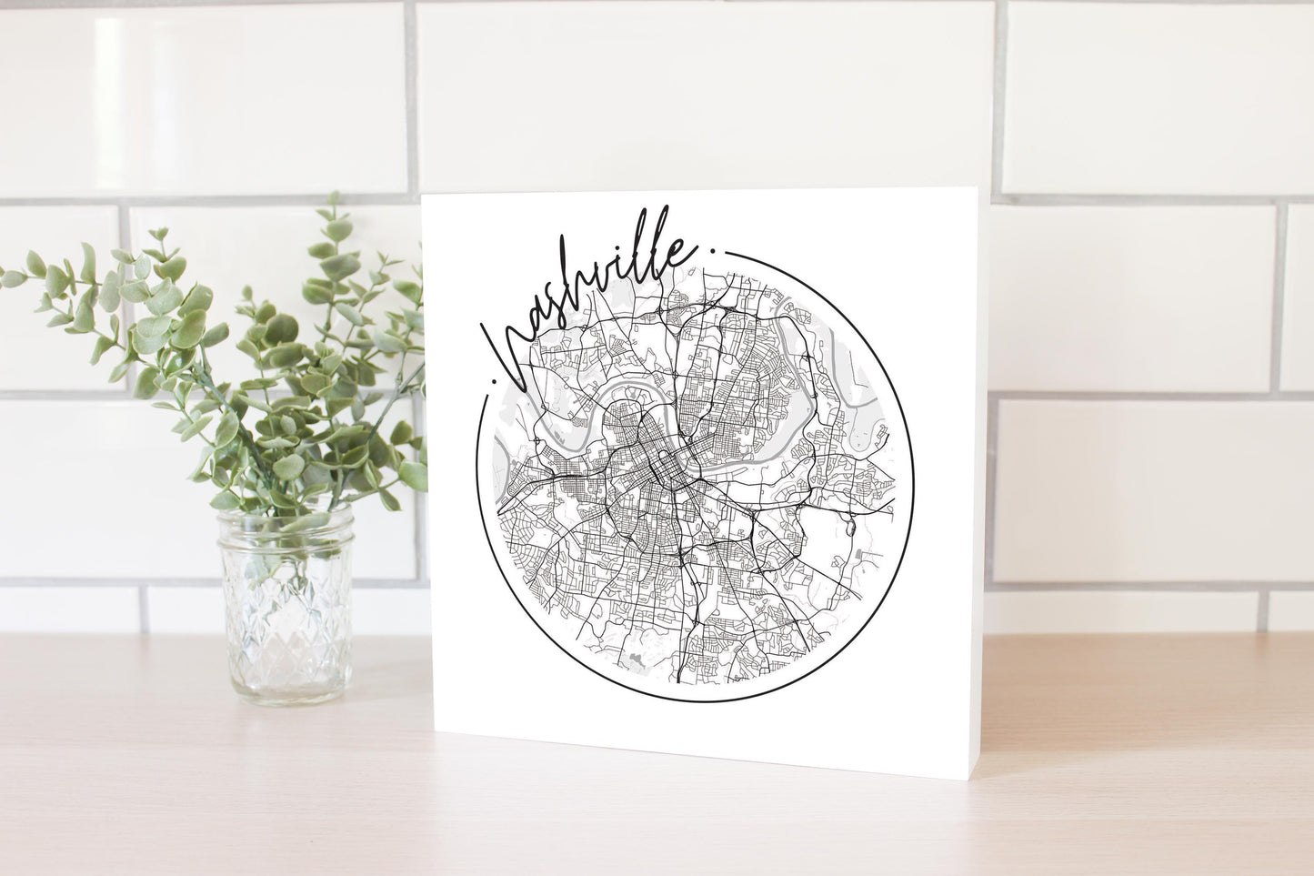 Minimalist B&W Tennessee Nashville Circle Map | Wood Block | Eaches | Min 2