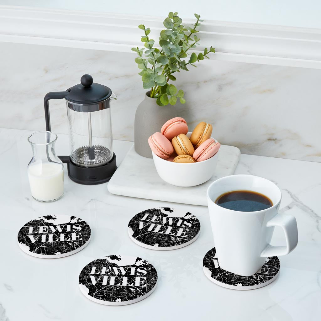Minimalistic B&W Texas Lewisville Map | Absorbent Coasters | Set of 4 | Min 2