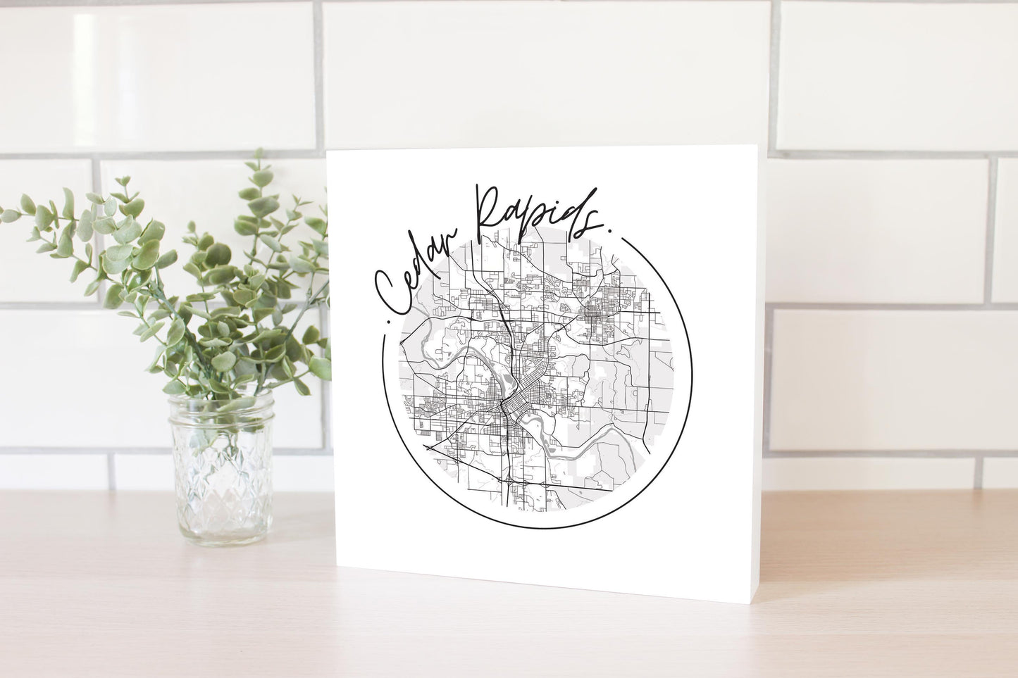 Minimalistic B&W Iowa Cedar Rapids Circle Map | Wood Block | Eaches | Min 2