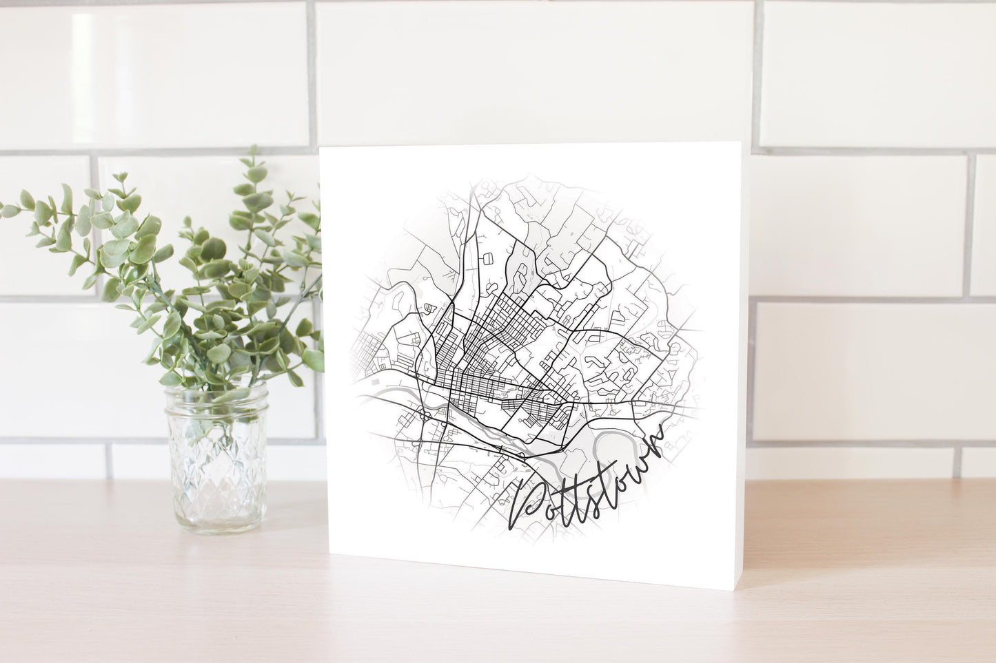 Minimalistic B&W Pennsylvania Pottstown Circle Map | Wood Block | Eaches | Min 2
