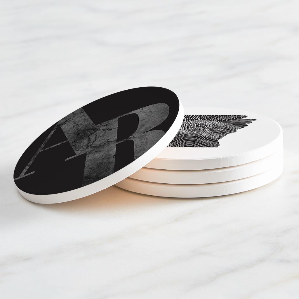 B&W Minimalist Arkansas Initials And State Shapes | Absorbent Coasters | Set of 4 | Min 2