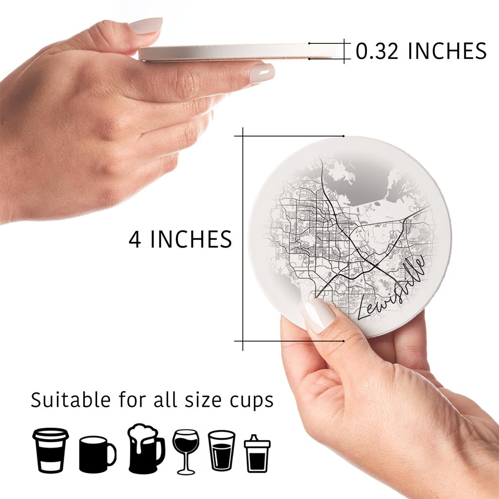 Minimalistic B&W Texas Lewisville Circle Map | Absorbent Coasters | Set of 4 | Min 2