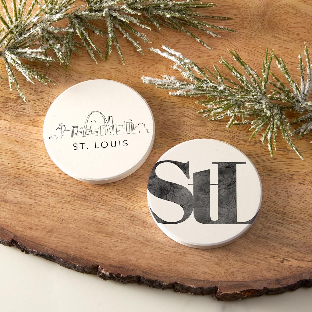 Minimalist B&W Missouri St Louis Skyline Line Stl| Absorbent Car Coasters | Set of 2 | Min 4