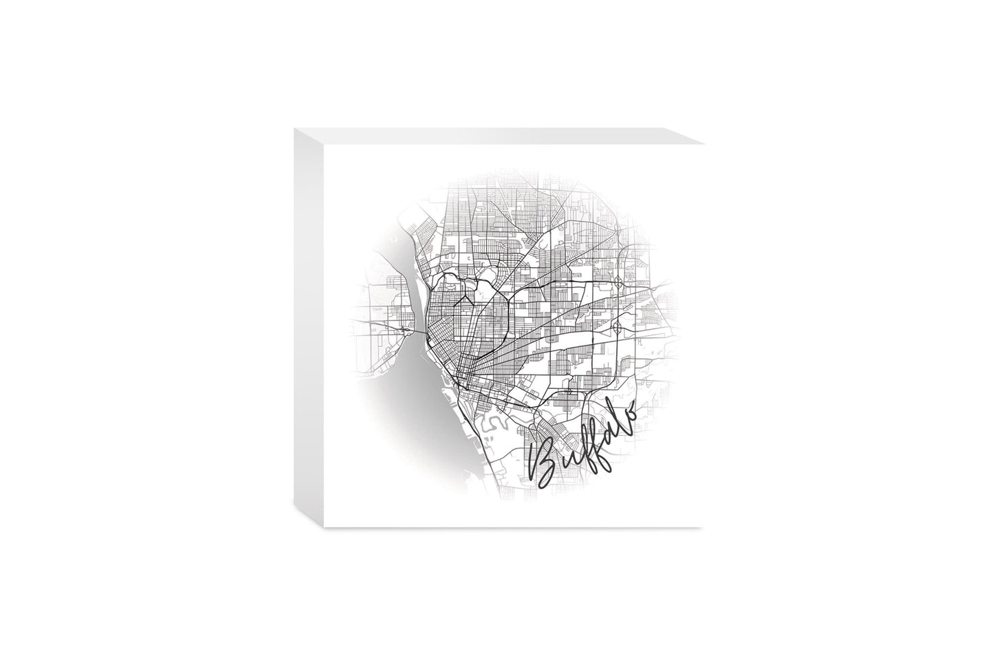Minimalistic B&W New York Buffalo Faded Circle Map | Wood Block | Eaches | Min 4