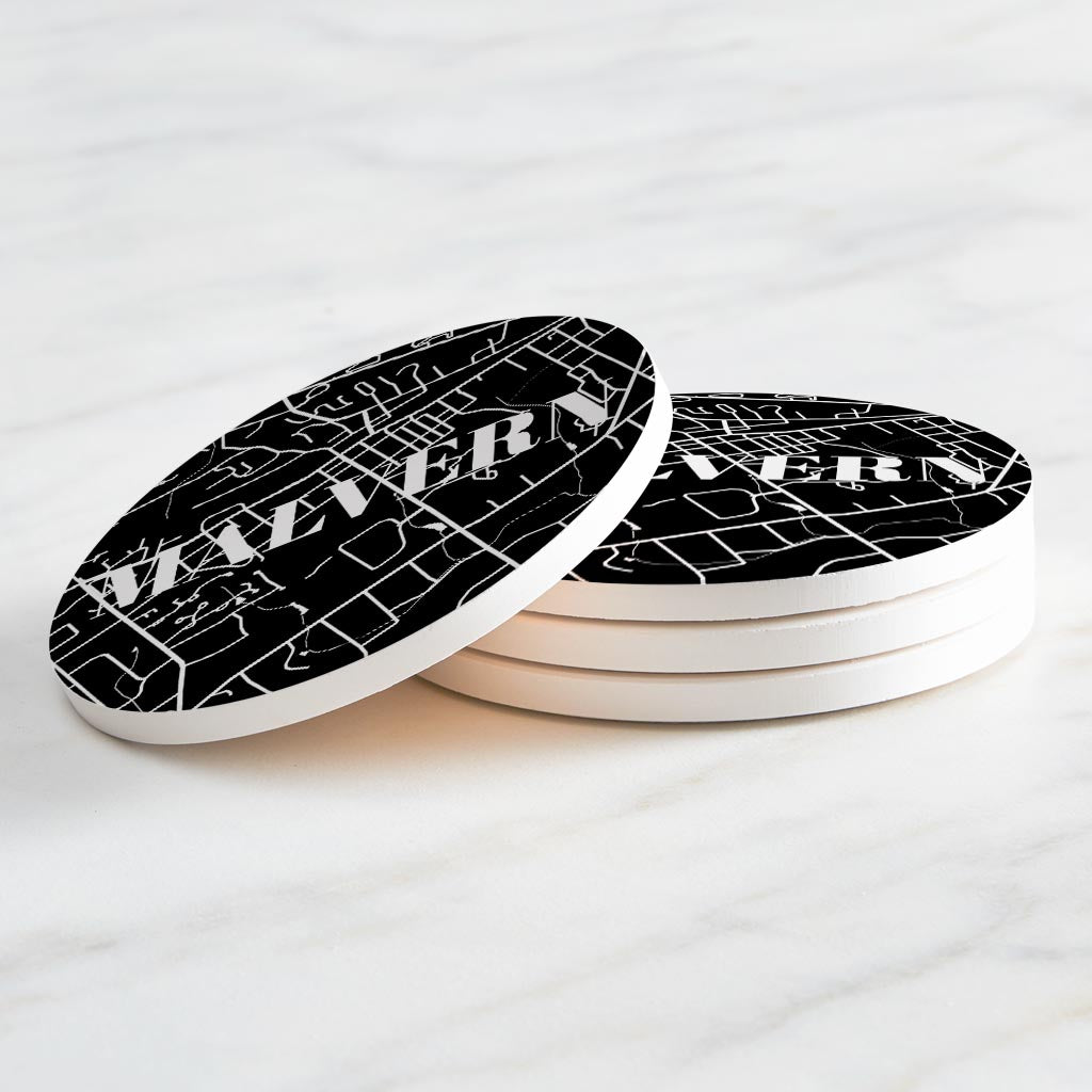 Minimalistic B&W Pennsylvania Malvern Map | Absorbent Coasters | Set of 4 | Min 2