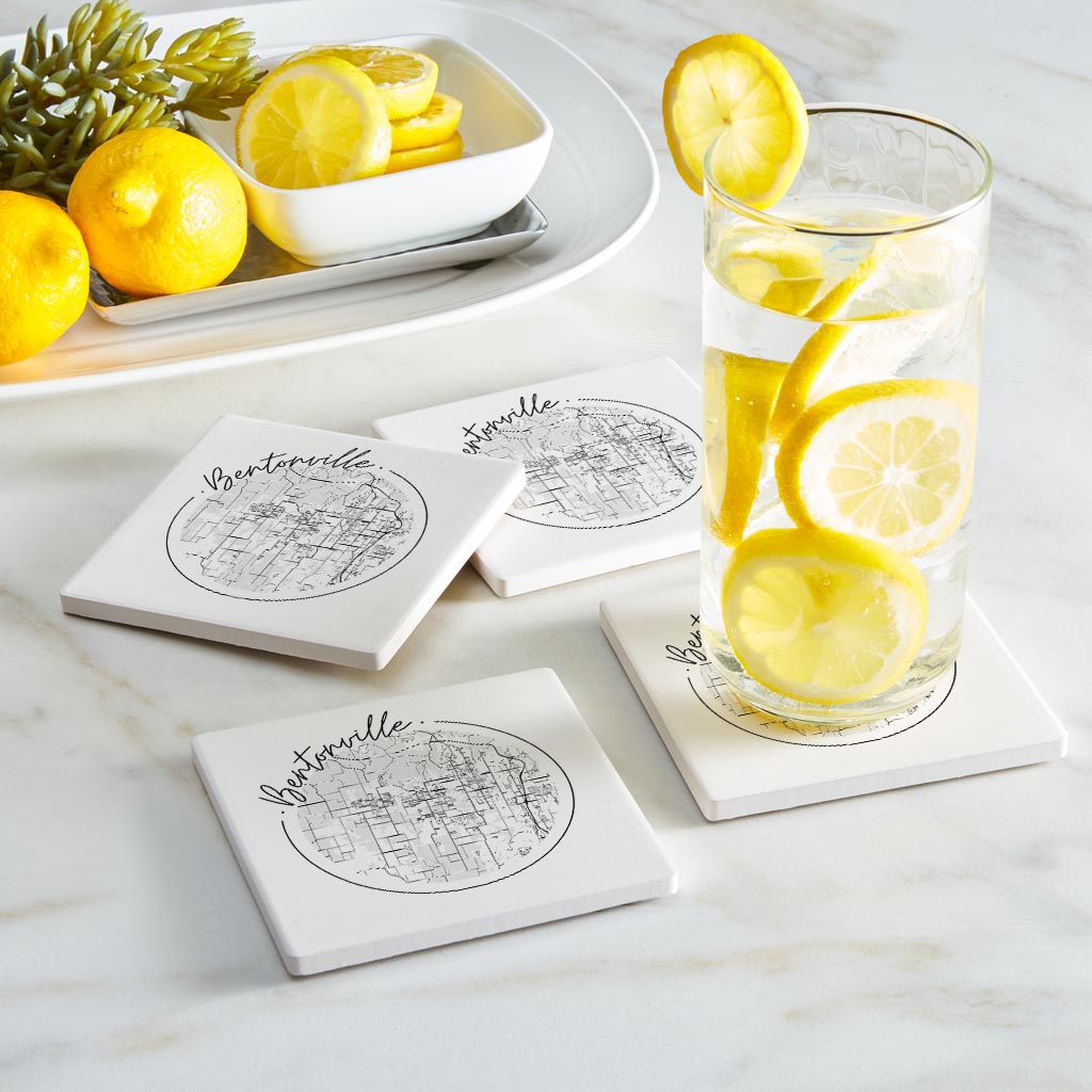 Minimalist B&W Arkansas Bentonville Circle Map | Absorbent Coasters | Set of 4 | Min 2
