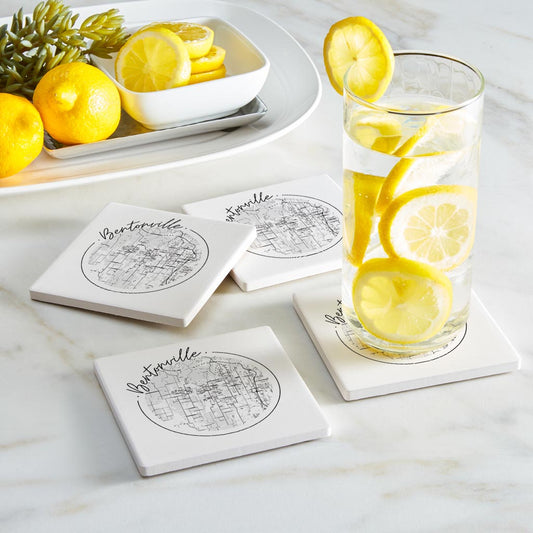Minimalist B&W Arkansas Bentonville Circle Map | Absorbent Coasters | Set of 4 | Min 2