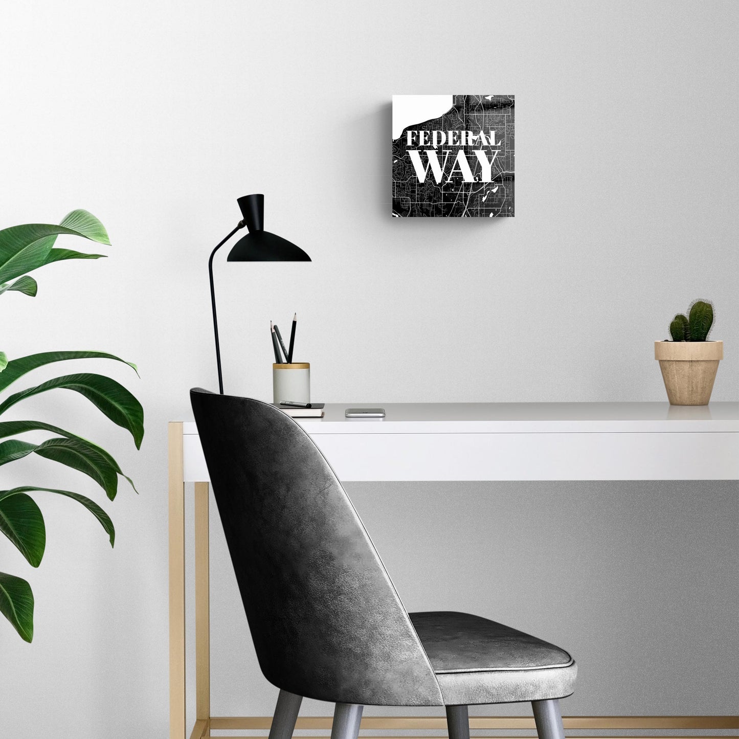 Minimalistic B&W Washington Federal Way Map | Hi-Def Glass Art | Eaches | Min 2