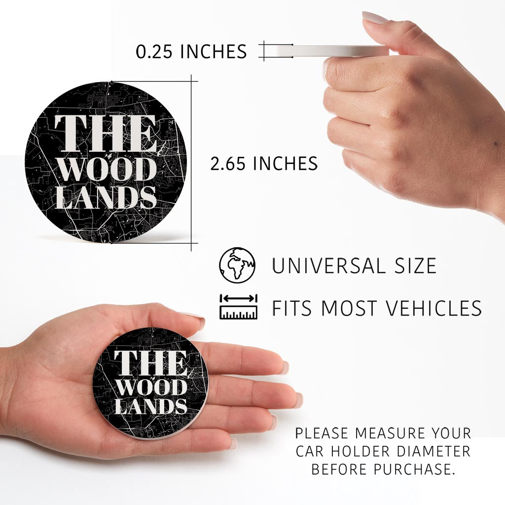 Minimalistic B&W Texas The Woodlands Map | Absorbent Car Coasters | Set of 2 | Min 4
