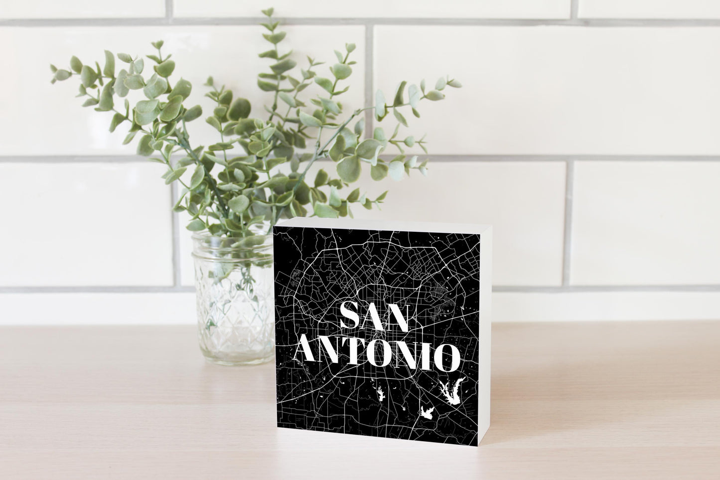 Minimalistic B&W Texas San Antonio Map| Wood Block | Eaches | Min 4
