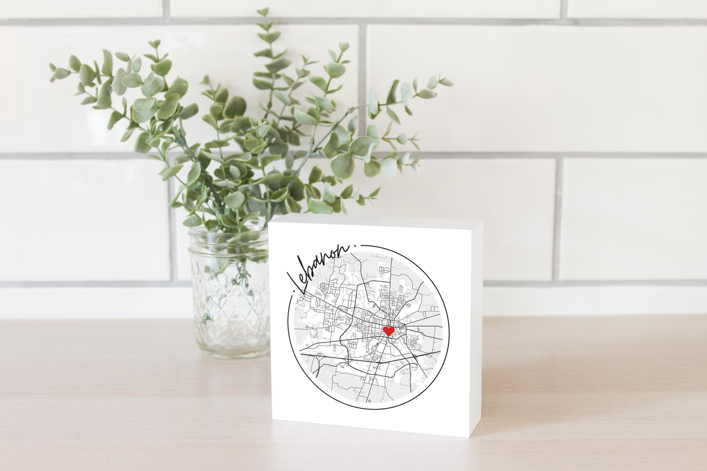 Minimalist B&W Tennessee Lebanon Circle Map Heart | Wood Block | Eaches | Min 4