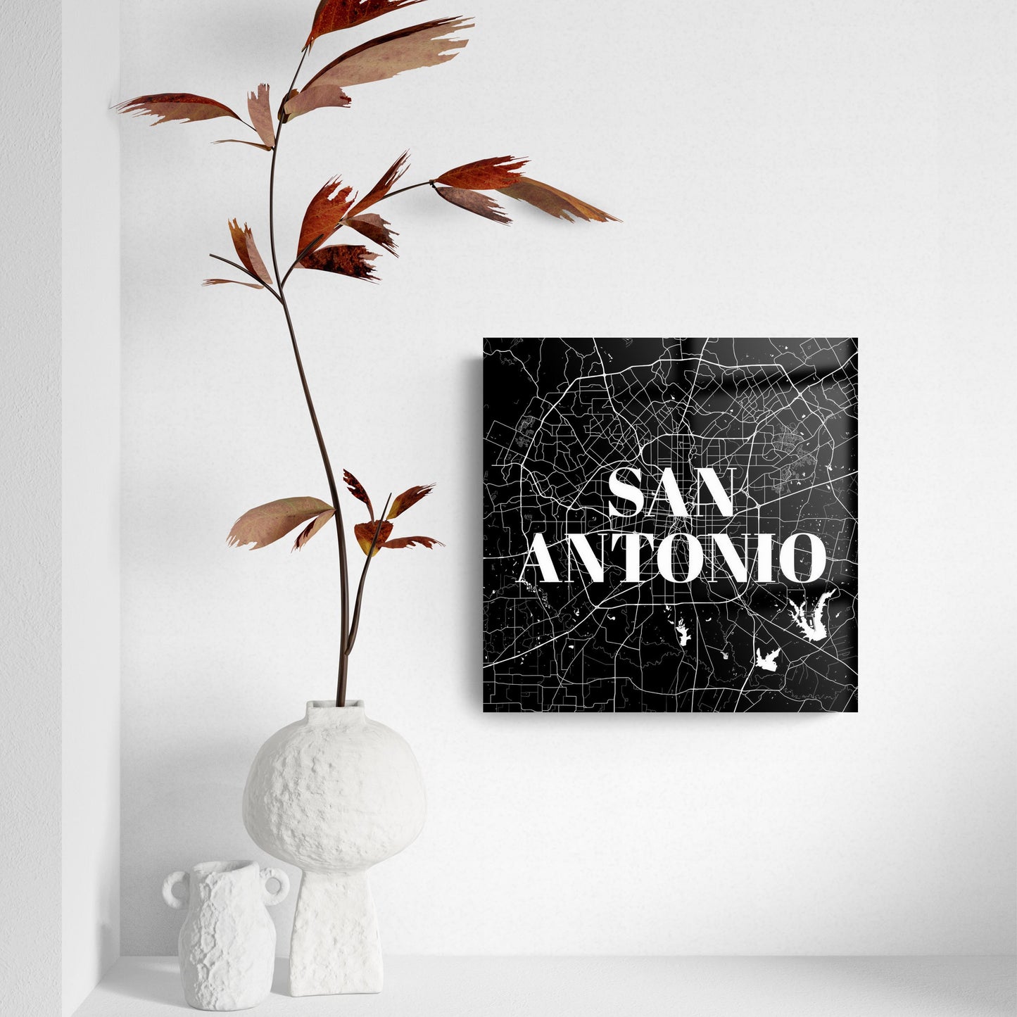 Minimalistic B&W Texas San Antonio Map | Hi-Def Glass Art | Eaches | Min 2