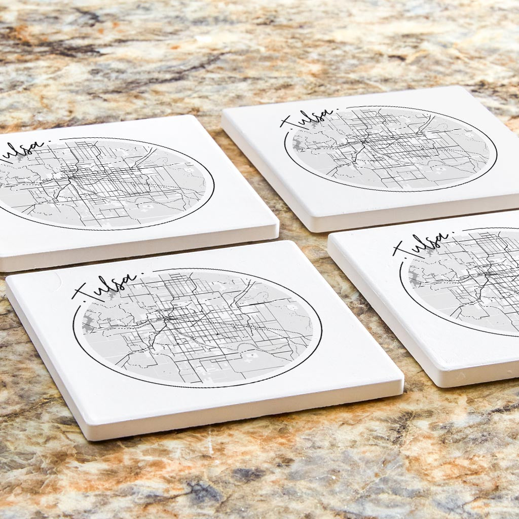 Modern Oklahoma Tulsa Circle Map| Absorbent Coasters | Set of 4 | Min 2