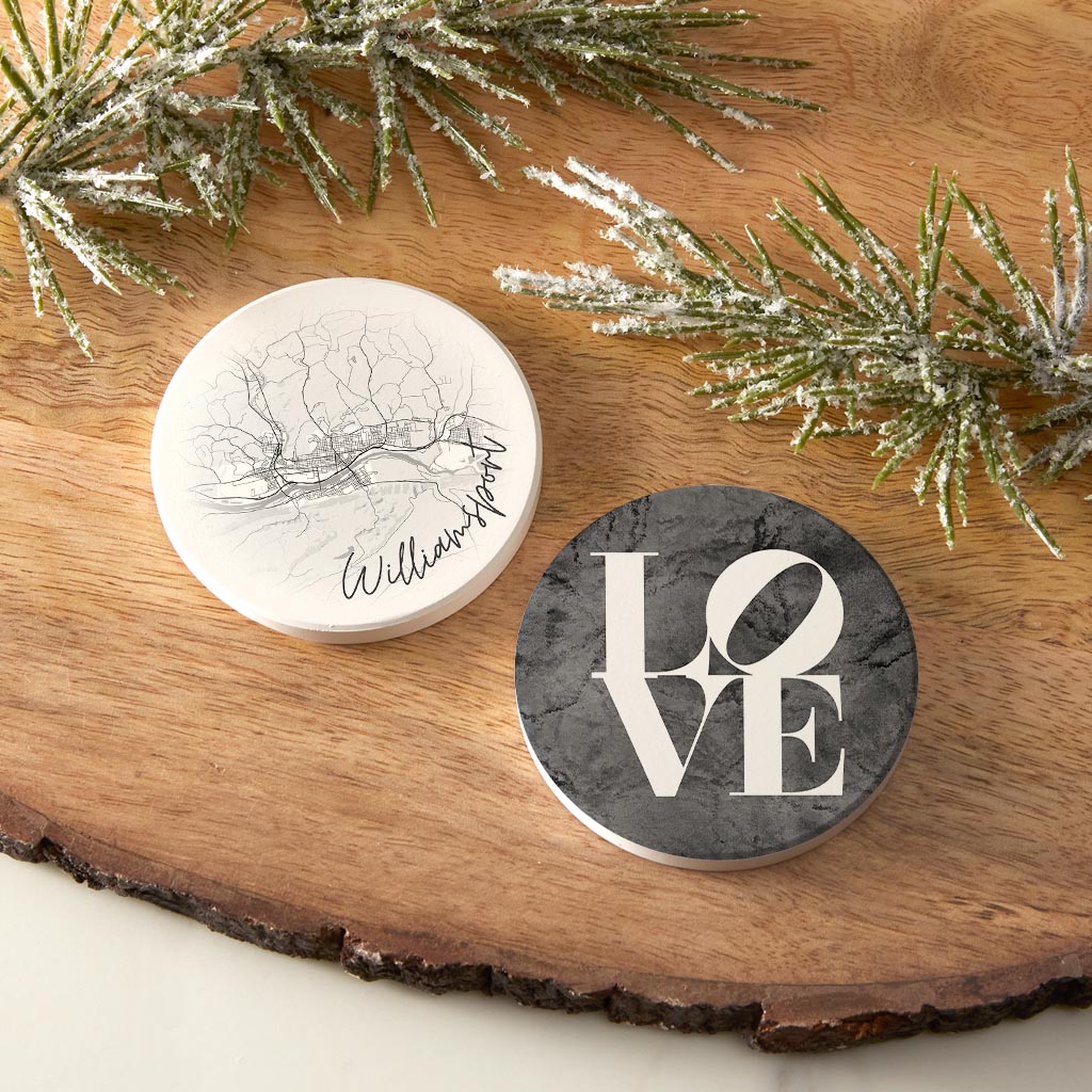 Minimalistic B&W Pennsylvania Williamsport Circle Love| Absorbent Car Coasters | Set of 2 | Min 4