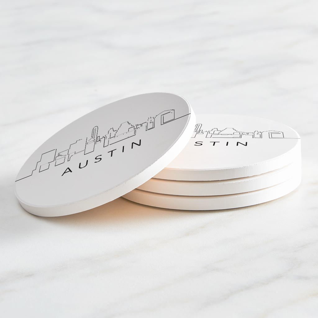 Minimalist B&W Texas Austin Skyline | Absorbent Coasters | Set of 4 | Min 2