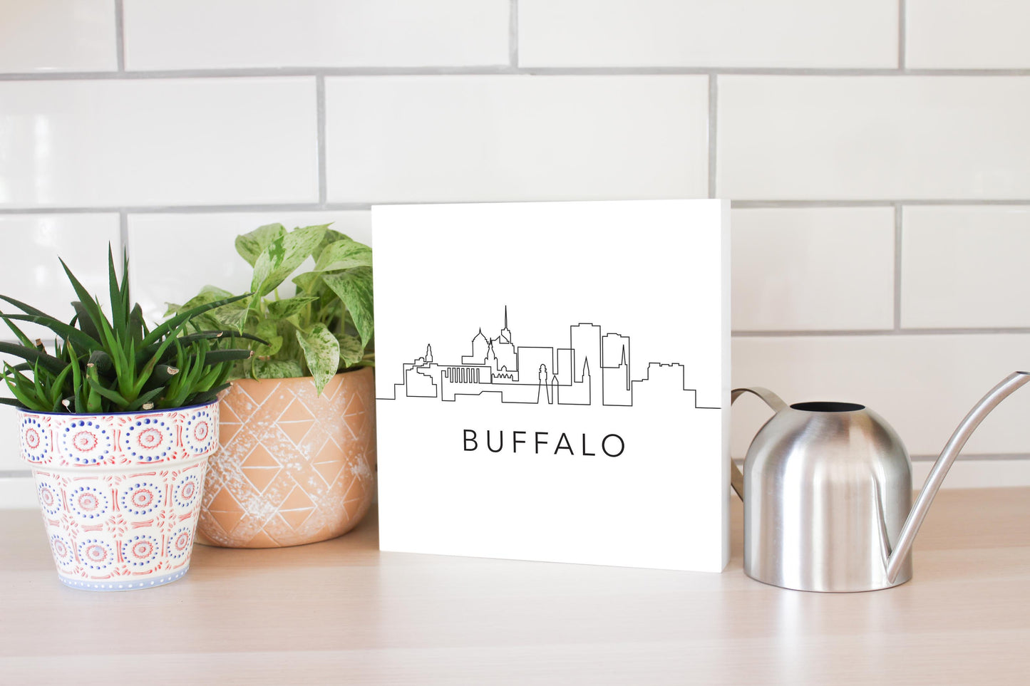 Minimalistic B&W New York Buffalo Skyline | Wood Block | Eaches | Min 2