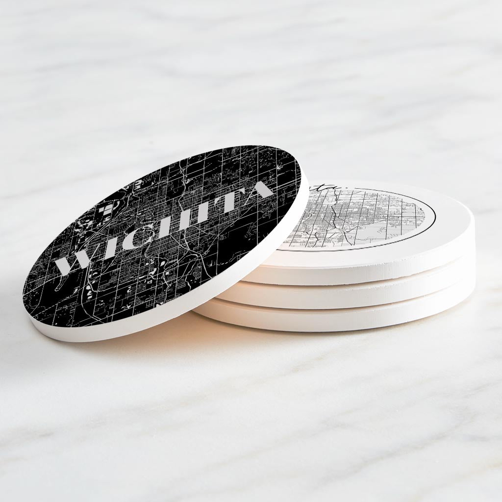 Minimalist B&W Kansas Wichita Maps | Absorbent Coasters | Set of 4 | Min 2