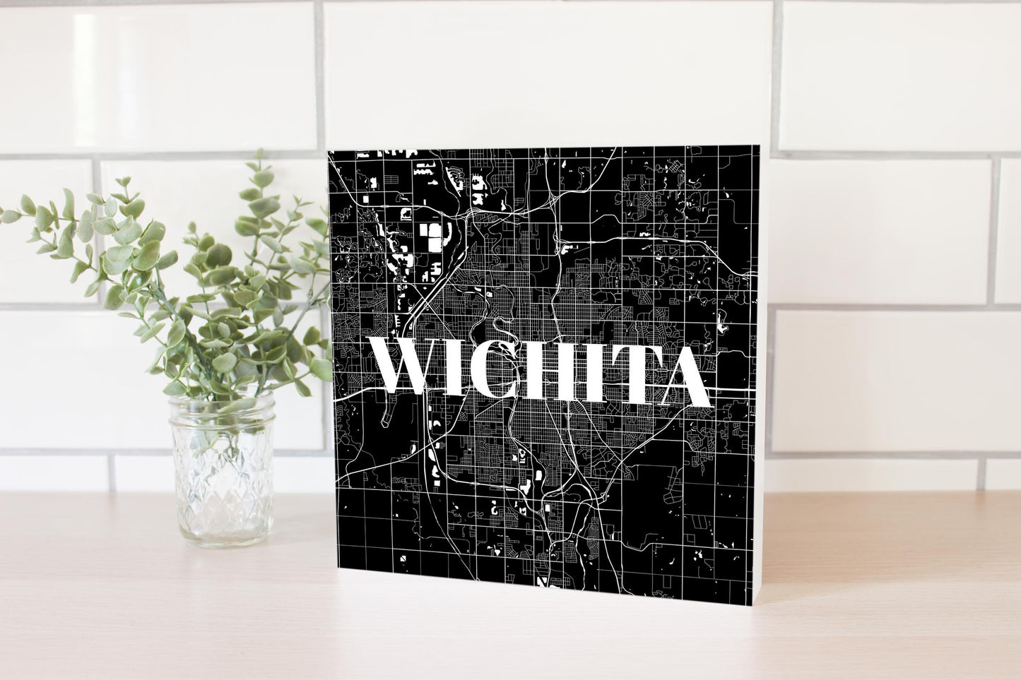 Minimalist B&W Kansas Wichita Map | Wood Block | Eaches | Min 2