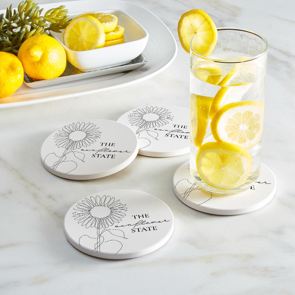 Minimalist B&W Kansas Sunflower Line Drawing | Absorbent Coasters | Set of 4 | Min 2
