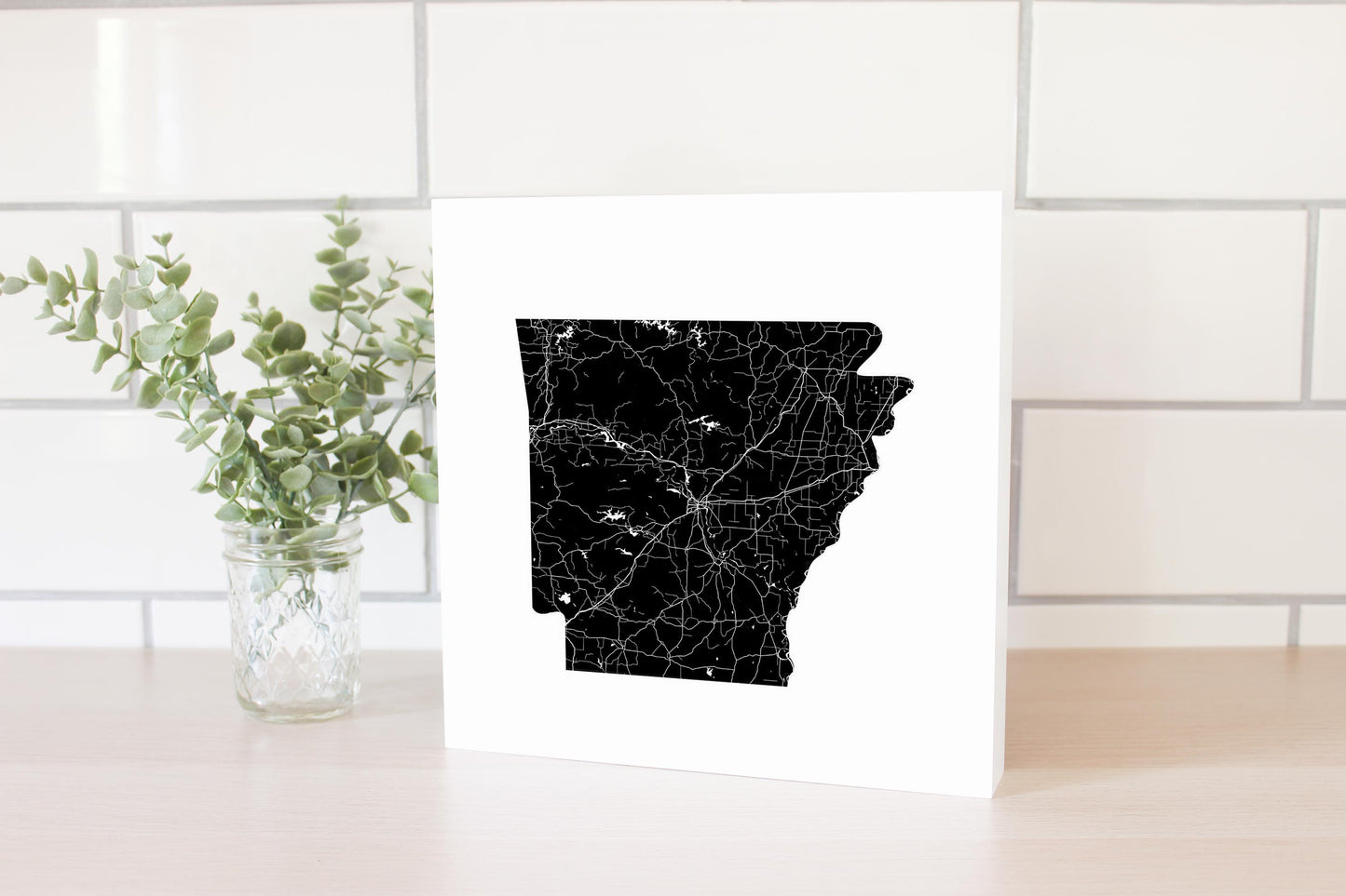 B&W Minimalist Arkansas Map | Wood Block | Eaches | Min 2