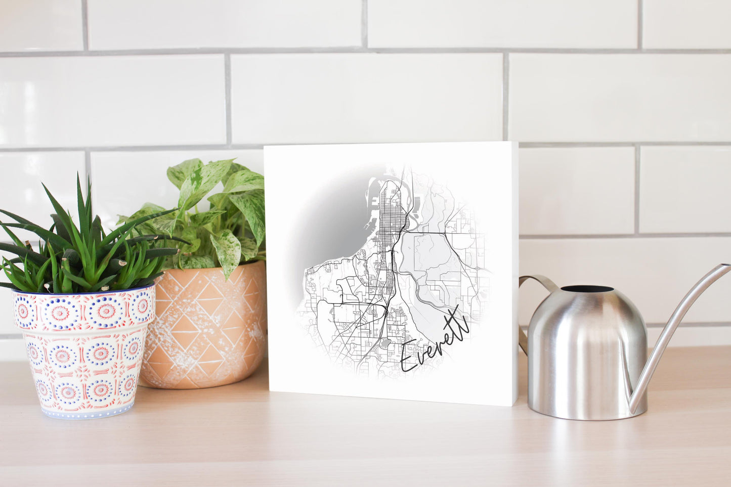 Minimalistic B&W Washington Everett Circle Map | Wood Block | Eaches | Min 2