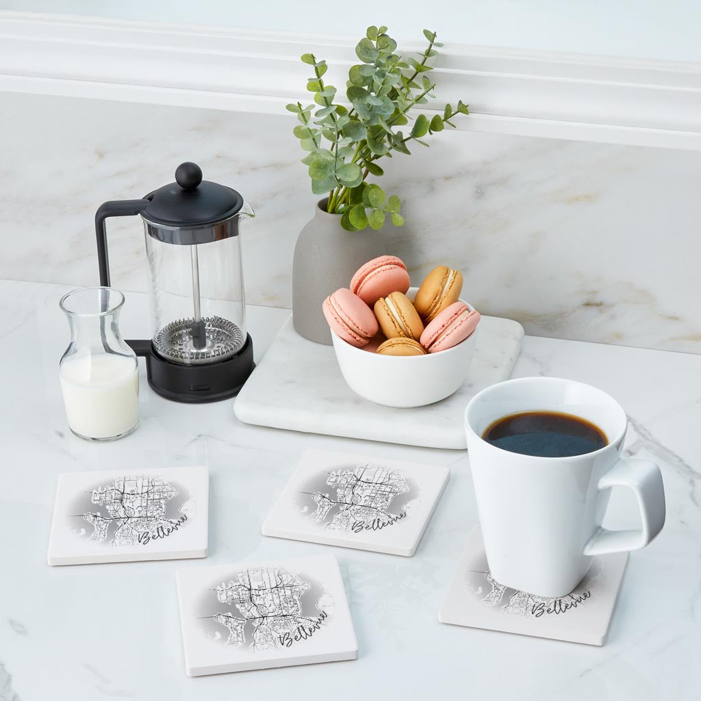 Minimalistic B&W Washington Bellevue Circle Map | Absorbent Coasters | Set of 4 | Min 2