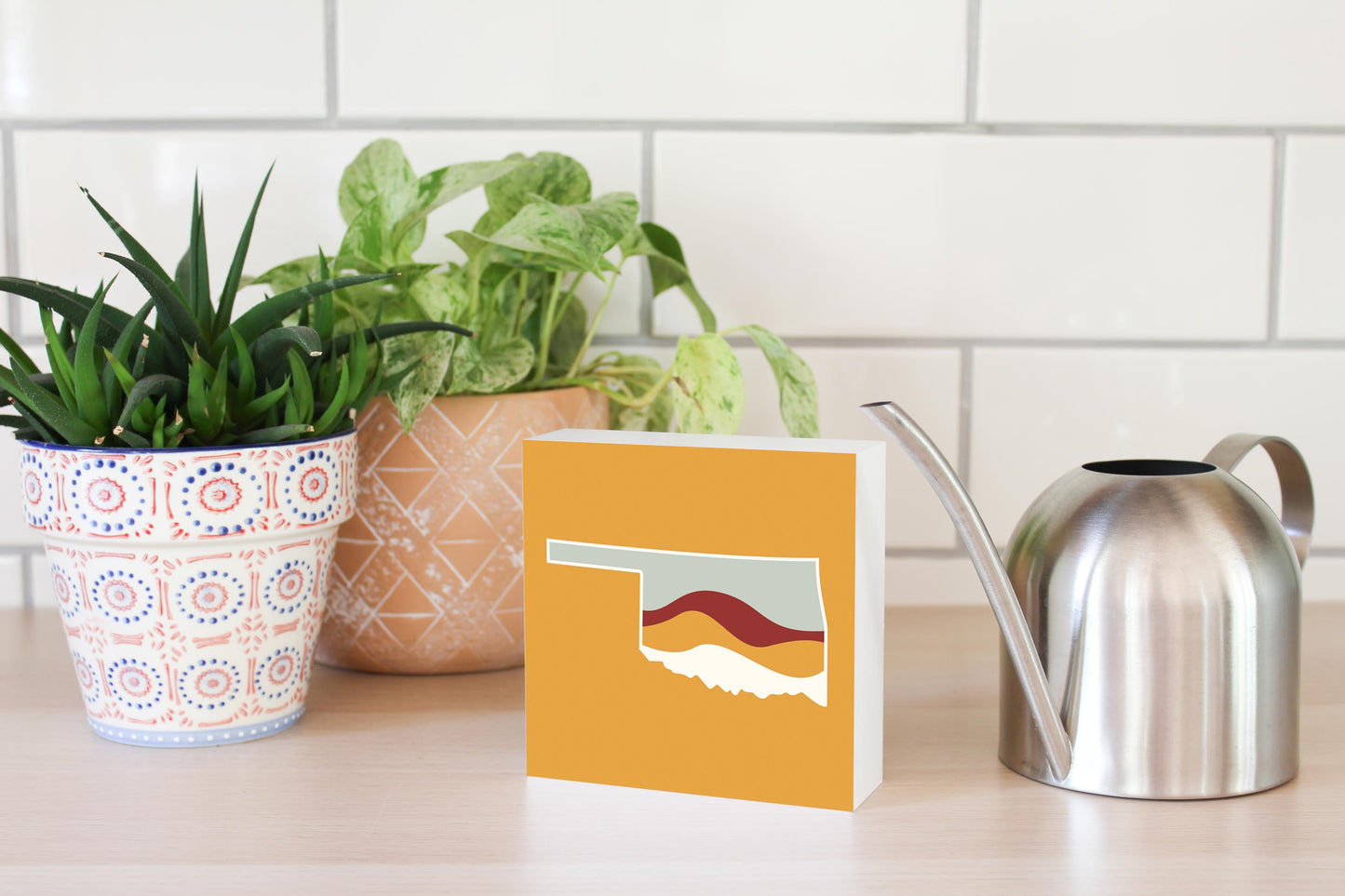 Modern Minimalist Oklahoma Orange Retro State Shape With Hills | Wood Block | Eaches | Min 4