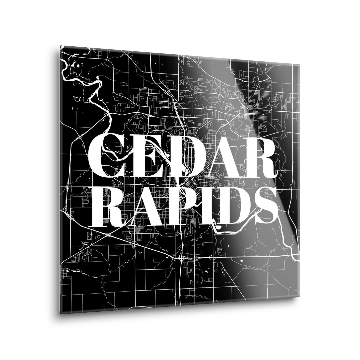 Minimalistic B&W Iowa Cedar Rapids Map | Hi-Def Glass Art | Eaches | Min 1