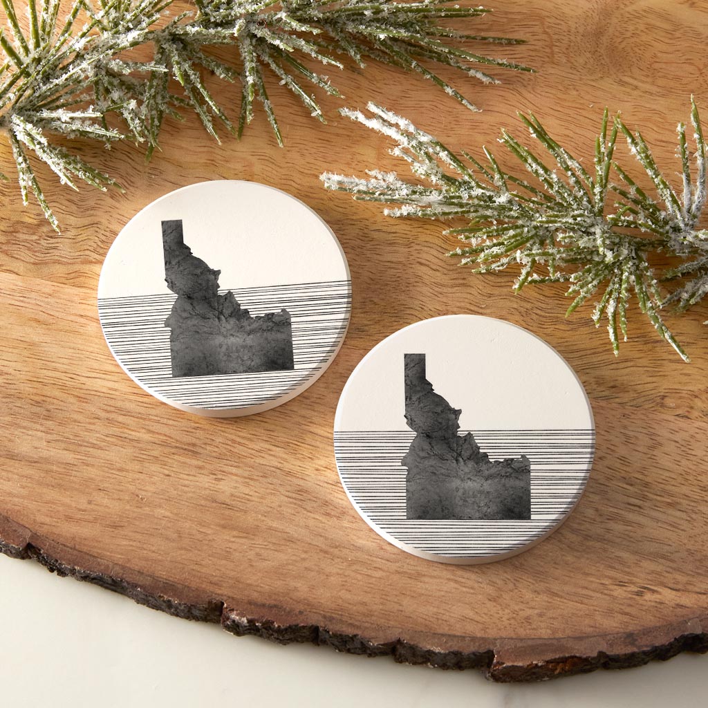 Minimalist B&W Idaho State With Straight Lines | Absorbent Car Coasters | Set of 2 | Min 4