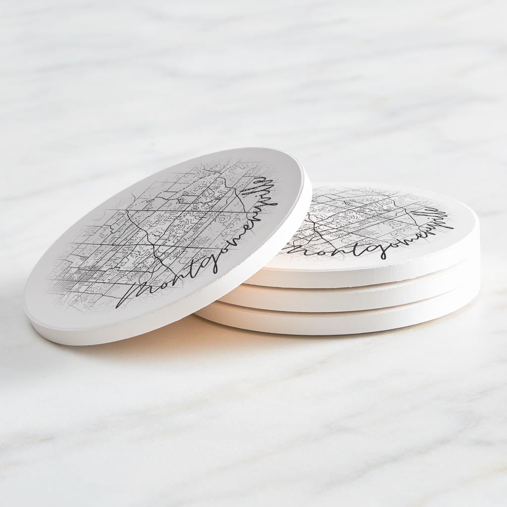 Minimalistic B&W Pennsylvania Montgomeryville Circle Map | Absorbent Coasters | Set of 4 | Min 2