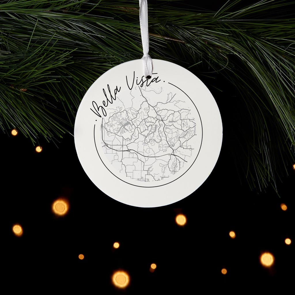 Minimalist B&W Arkansas Bella Vista Circle Map | Wood Ornament | Eaches | Min 6