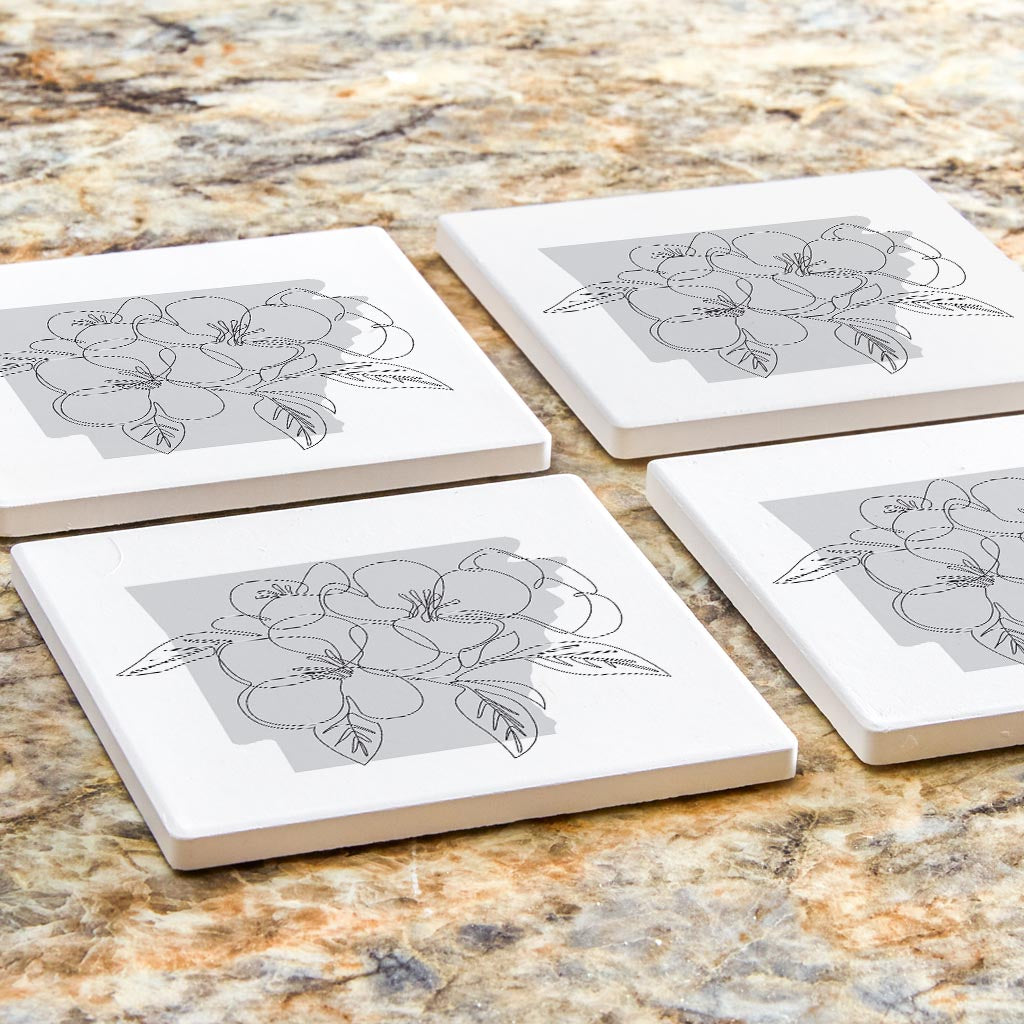 B&W Minimalist Arkansas Single Line Apple Blossoms| Absorbent Coasters | Set of 4 | Min 2