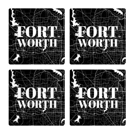 Minimalistic B&W Texas Fort Worth Map | Absorbent Coasters | Set of 4 | Min 2