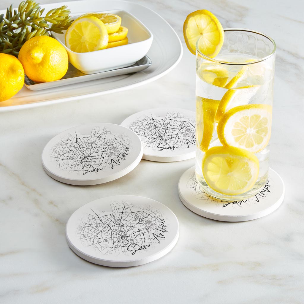 Minimalistic B&W Texas San Antonio Circle Map | Absorbent Coasters | Set of 4 | Min 2