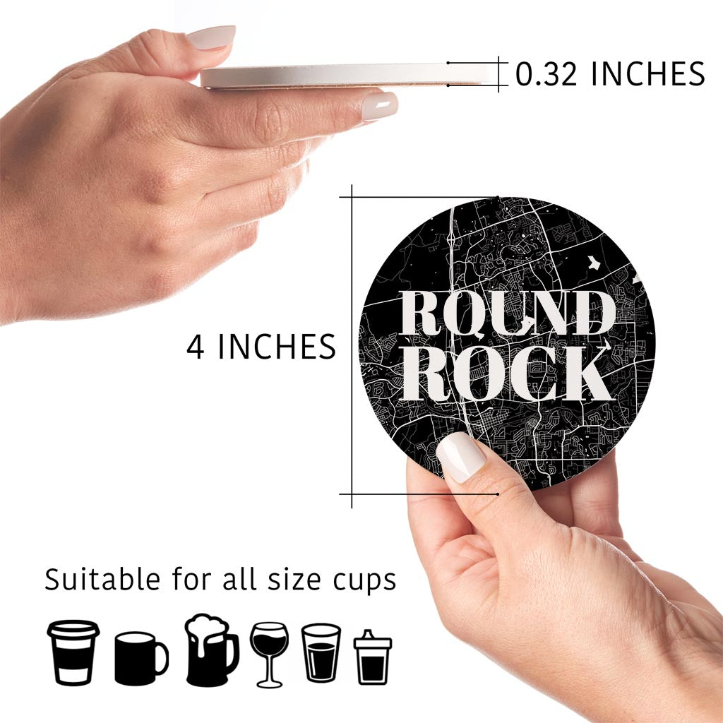 Minimalistic B&W Texas Round Rock Map | Absorbent Coasters | Set of 4 | Min 2