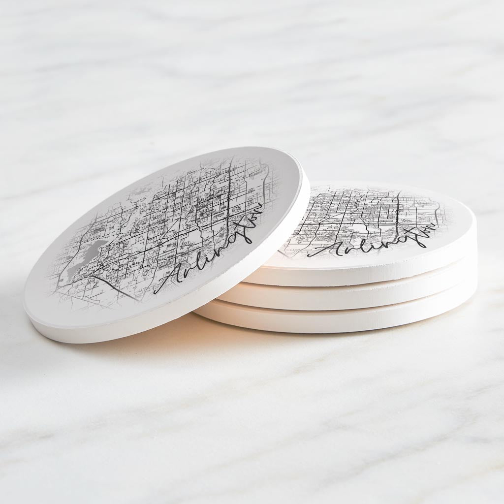 Minimalistic B&W Texas Arlington Circle Map | Absorbent Coasters | Set of 4 | Min 2