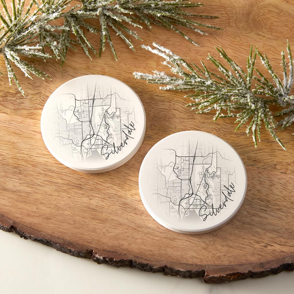 Minimalistic B&W Washington Silverdale Circle Map | Absorbent Car Coasters | Set of 2 | Min 4