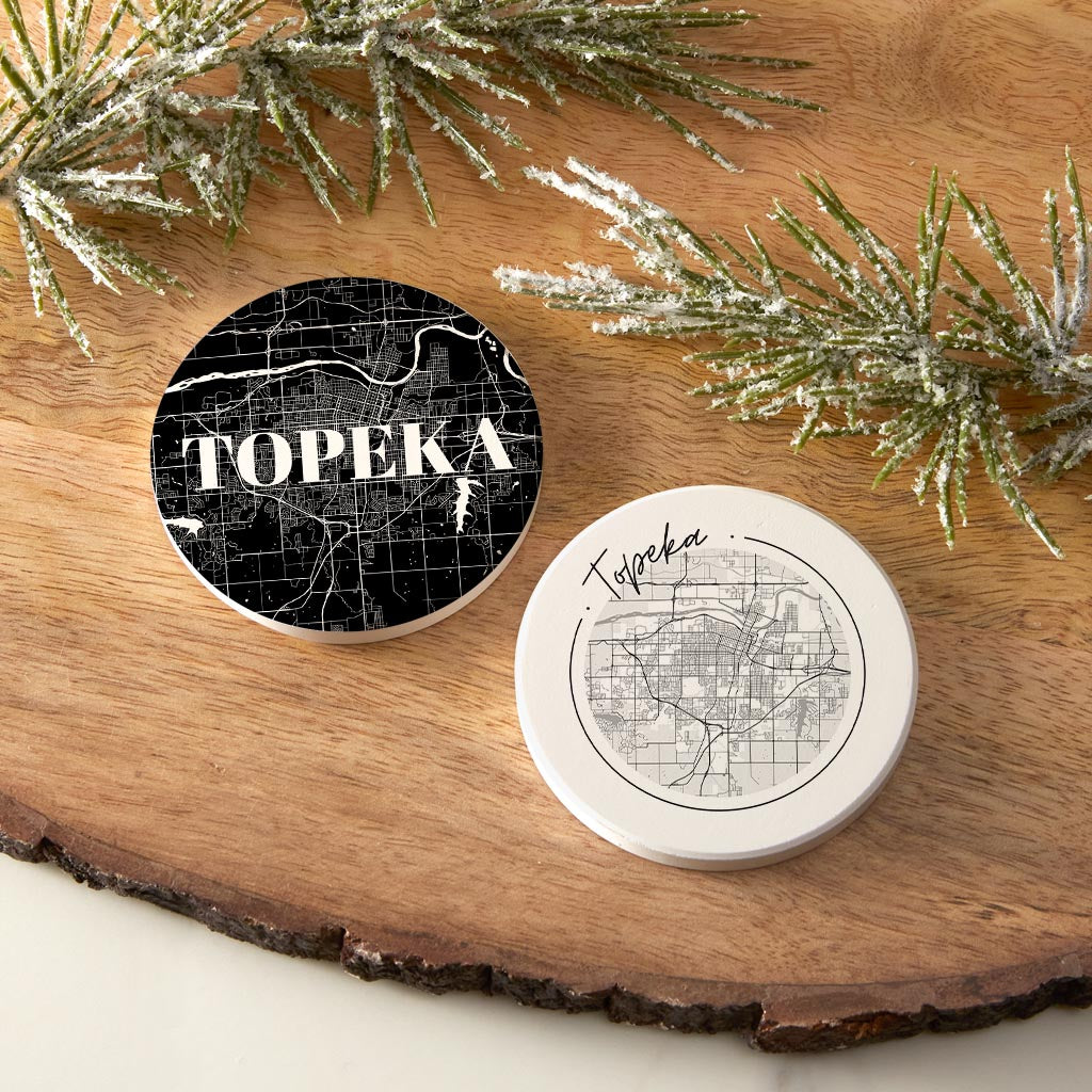Minimalist B&W Kansas Topeka Maps | Absorbent Car Coasters | Set of 2 | Min 4