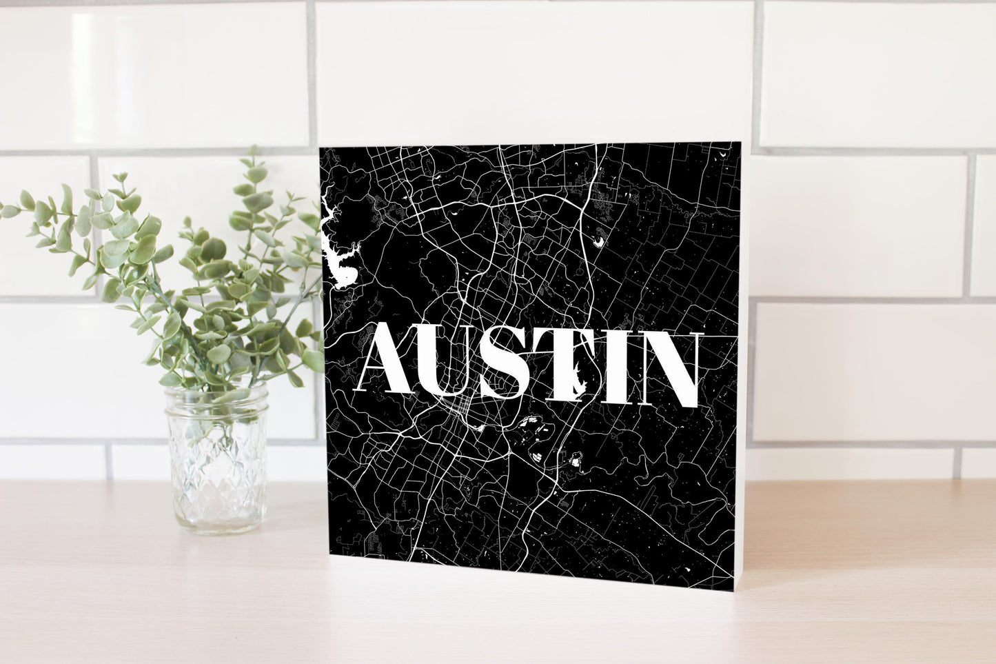 Minimalistic B&W Texas Austin Map | Wood Block | Eaches | Min 2