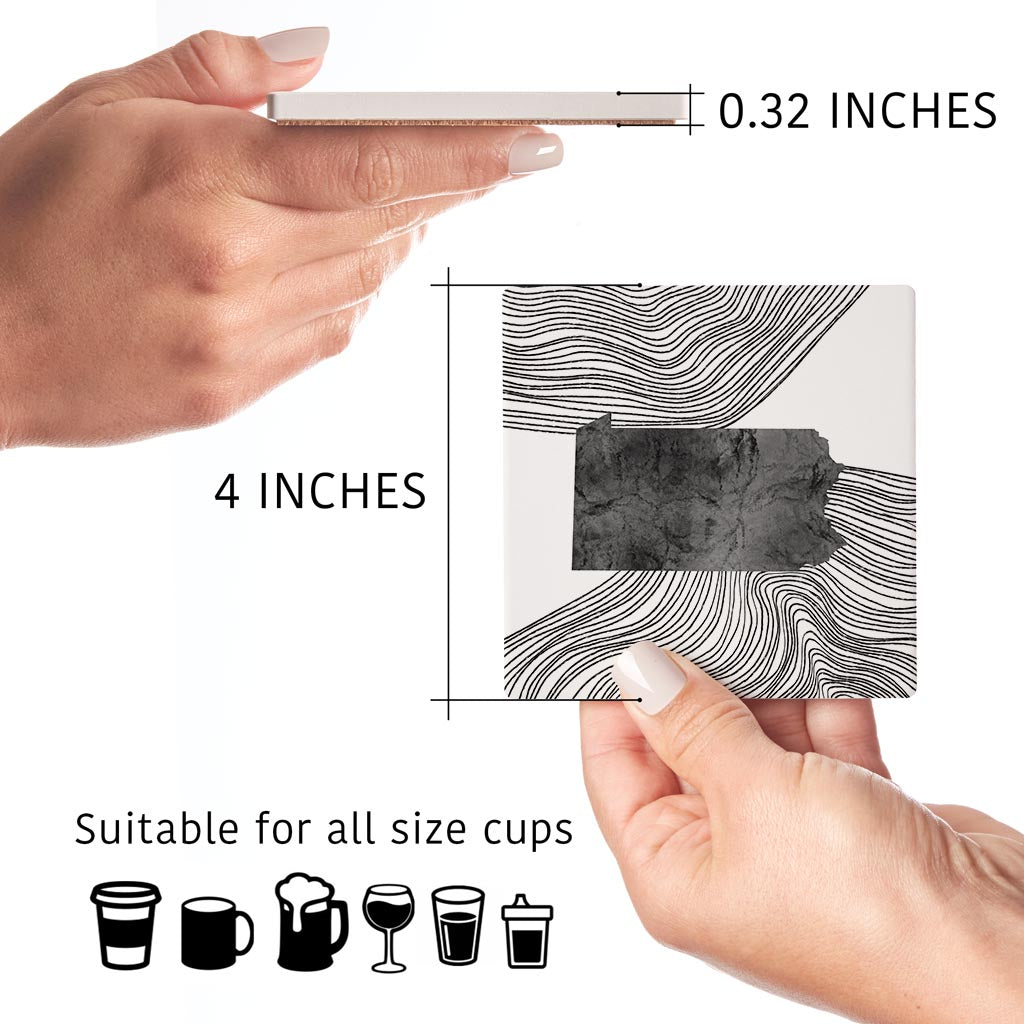 Minimalistic B&W Pennsylvania Shape Fluid Lines | Absorbent Coasters | Set of 4 | Min 2