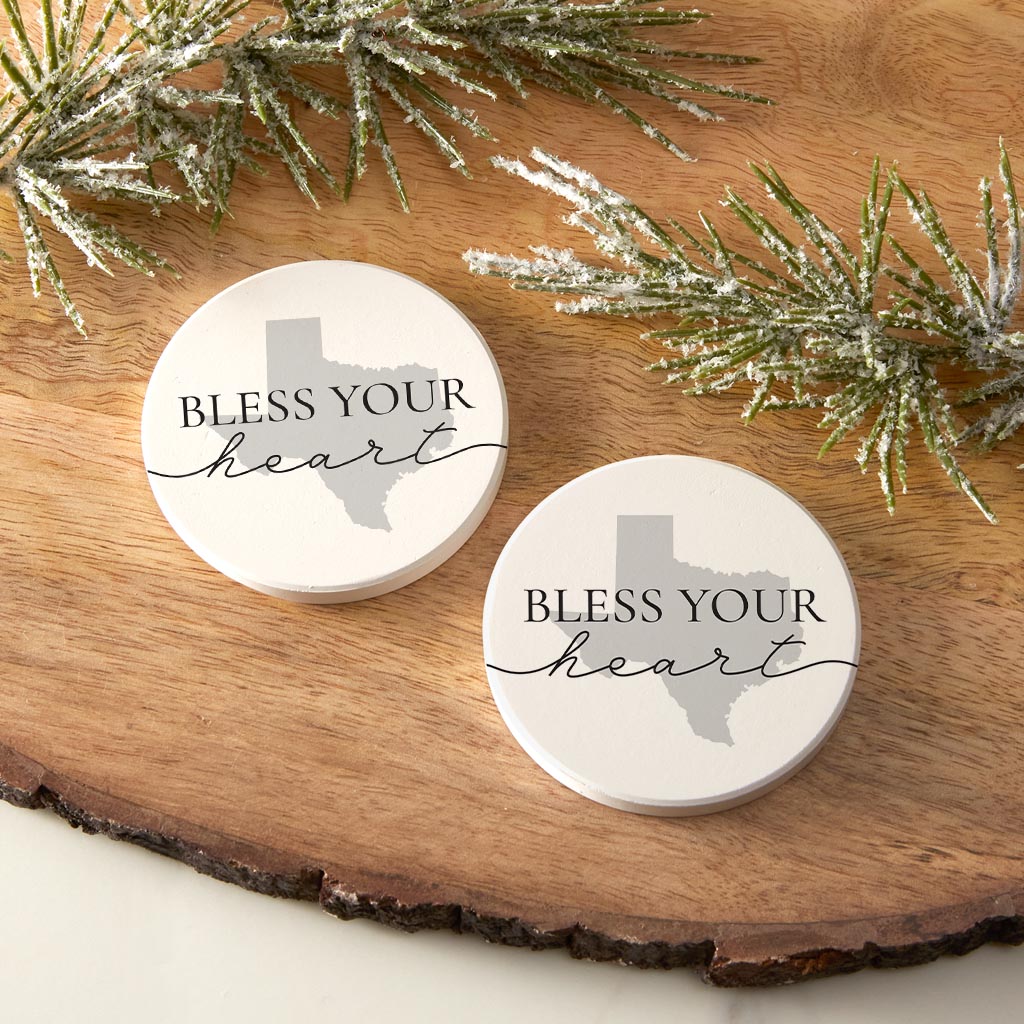 Minimalistic B&W Texas Bless Your Heart | Absorbent Car Coasters | Set of 2 | Min 4